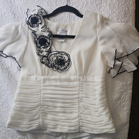 J.R. Nites Tops - White Ruffled Blouse with Floral Embellishments